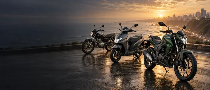 Tres motos en la Costa Verde de Lima al atardecer